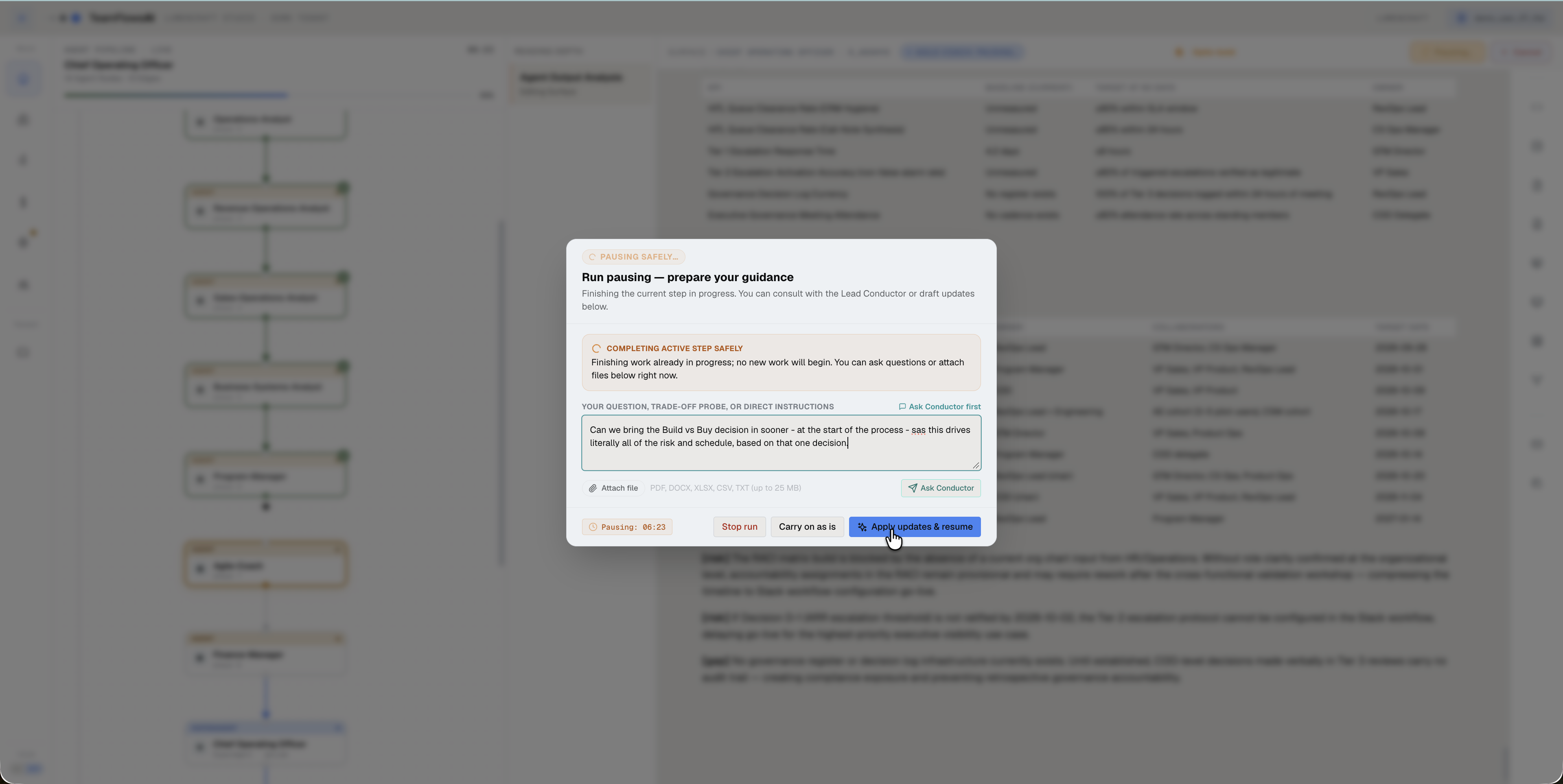 The pause dialog with an instruction from the COO
